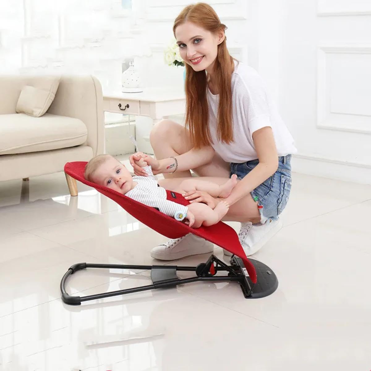 Little Hopper Baby Bouncer Chair, Foldable Rocker with Music and Light, Washable Fabric – Balance Support Baby Carrier & Crib Cat Design with Toy Bar, 0+ Months