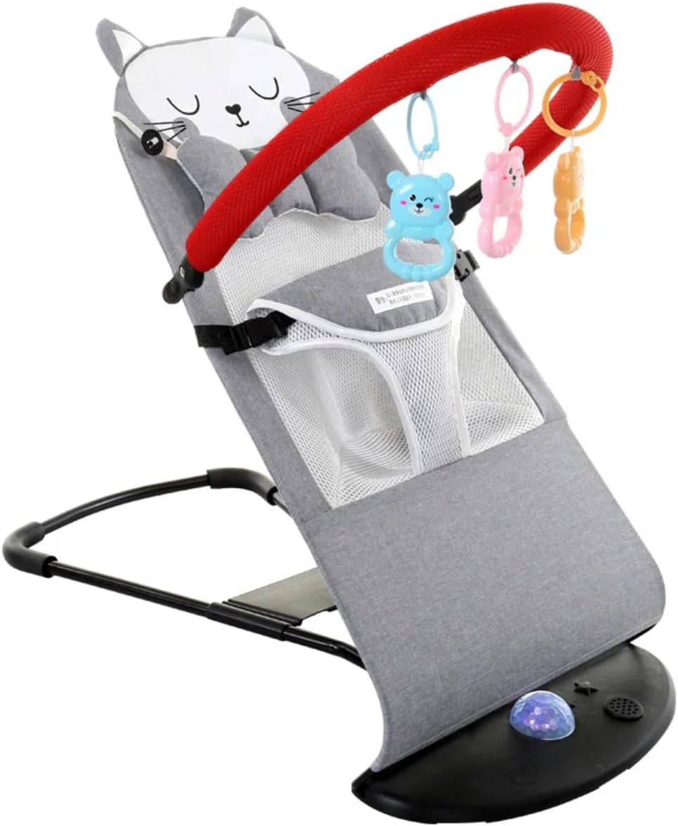 Little Hopper Baby Bouncer Chair, Foldable Rocker with Music and Light, Washable Fabric – Balance Support Baby Carrier & Crib Cat Design with Toy Bar, 0+ Months