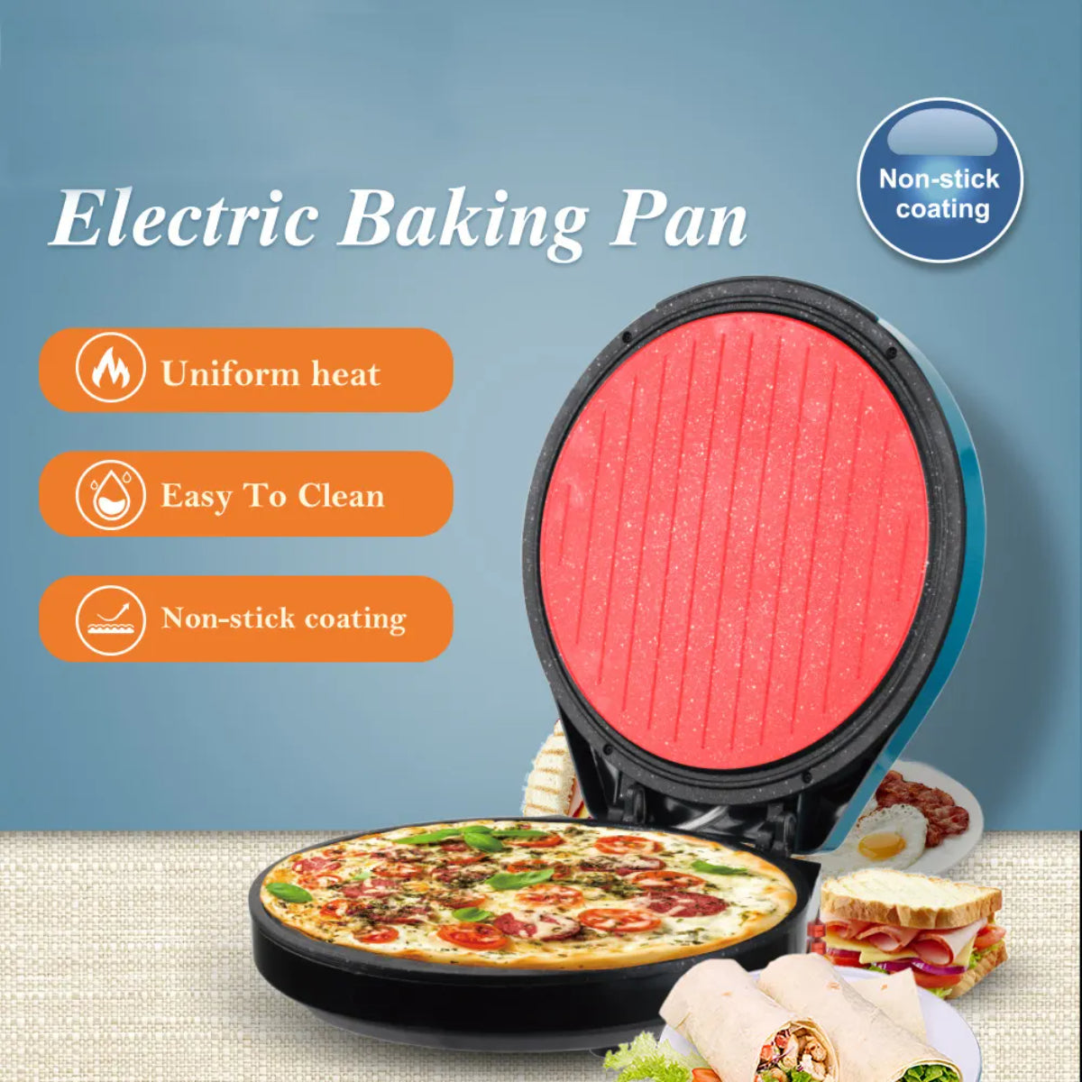 Electric Pizza Maker, 1800W, 180-Degree Opening, 30cm Cooking Surface, Thermostat Control, Blue