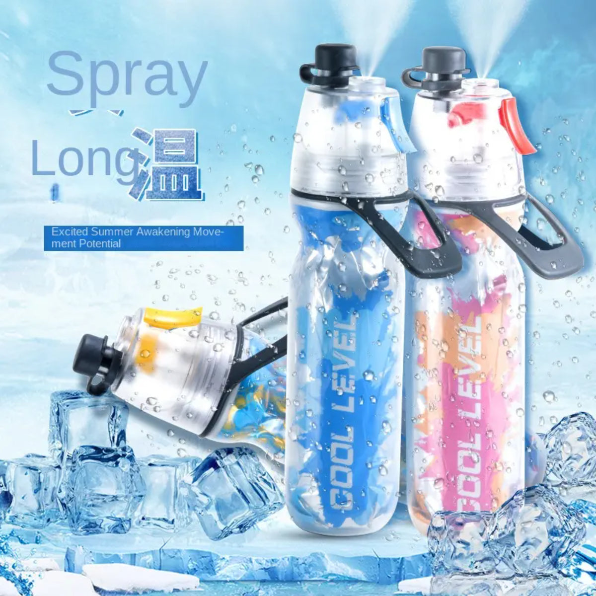 Insulated Sports Misting Water Bottle, Three-Layer Cold Insulation, Spray Lock Design, Portable for Hiking, Cycling, Camping