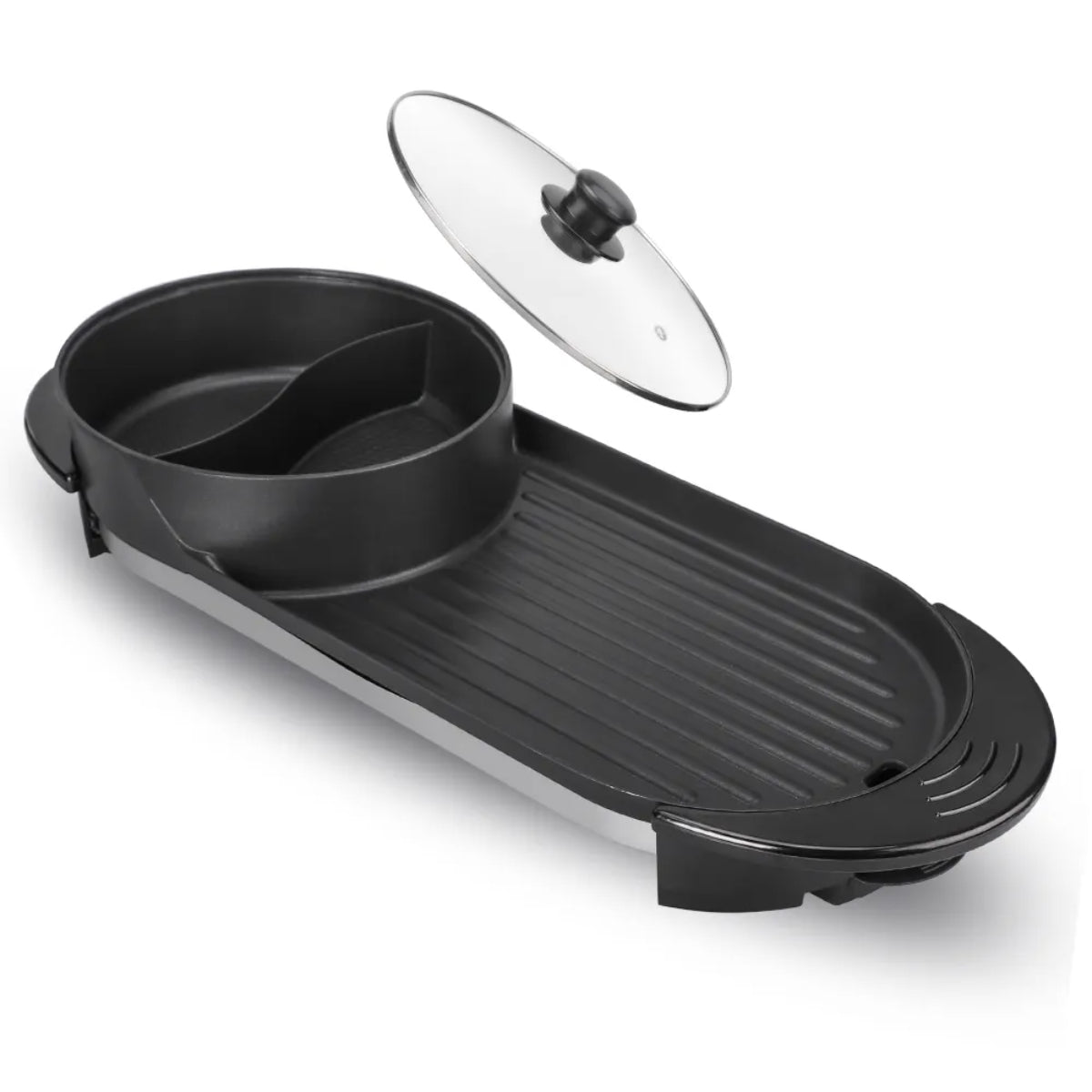 2-in-1 Electric Hot Pot and Grill, Korean BBQ Style, 1800W Non-stick Rectangular Pan, 25x25cm Cooking Surface, Glass Lid, Black