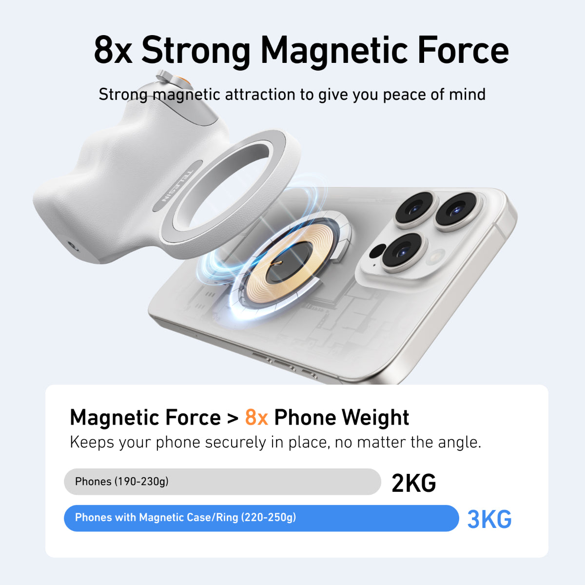 Magnetic Phone Camera Grip, 8x Strong Magnetic Force, One-Handed Control with Bluetooth Remote, Silver