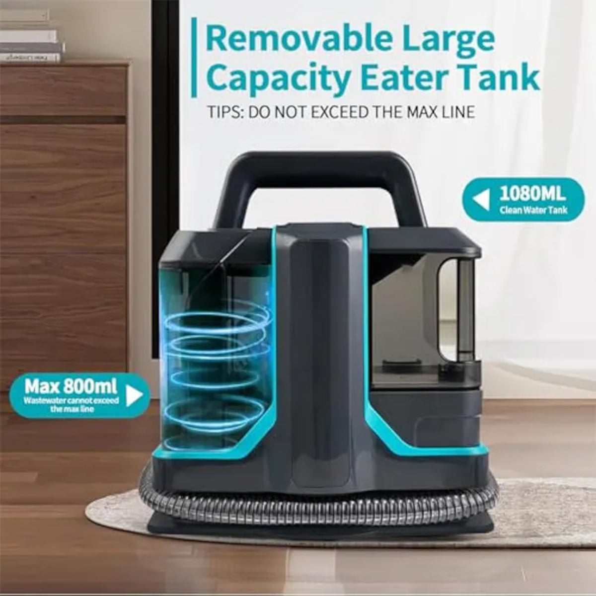 Portable Carpet and Upholstery Cleaner, 1.5L Capacity, Self-Cleaning Hose, Wet/Dry Vacuum, Grey/Turquoise