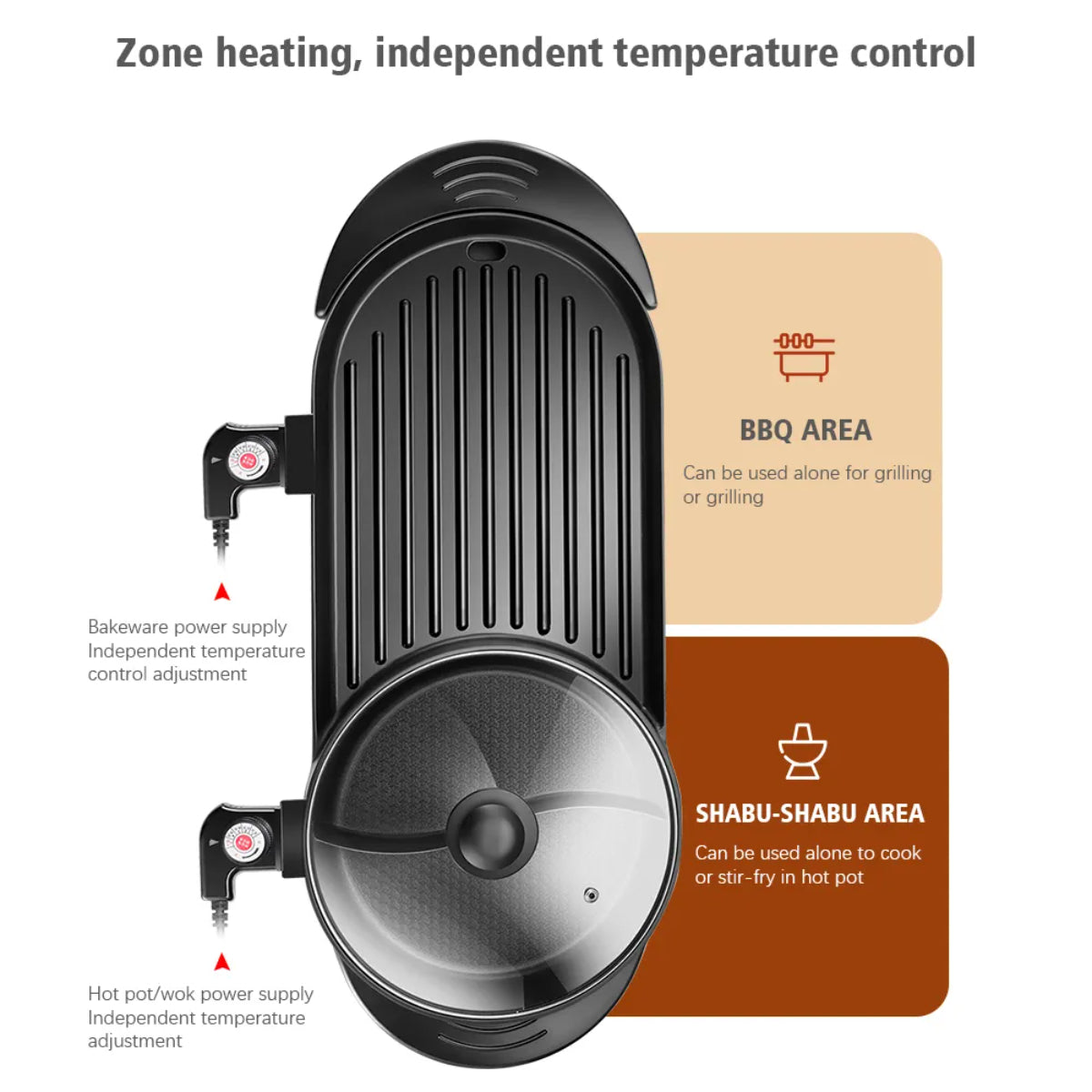 2-in-1 Electric Hot Pot and Grill, Korean BBQ Style, 1800W Non-stick Rectangular Pan, 25x25cm Cooking Surface, Glass Lid, Black