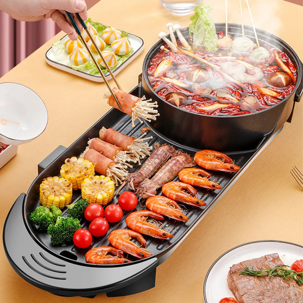 2-in-1 Electric Hot Pot and Grill, Korean BBQ Style, 1800W Non-stick Rectangular Pan, 25x25cm Cooking Surface, Glass Lid, Black