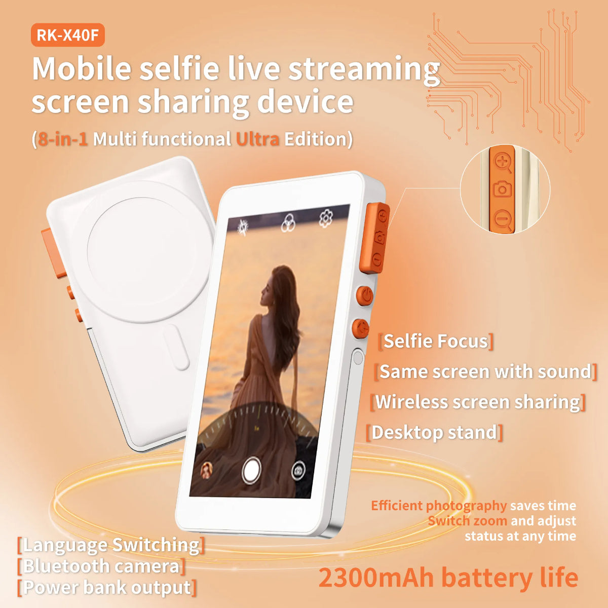 Mobile Selfie Live Streaming Device, 8-in-1 Ultra Edition, Bluetooth Camera, Magnetic Mount, Desktop Stand, White