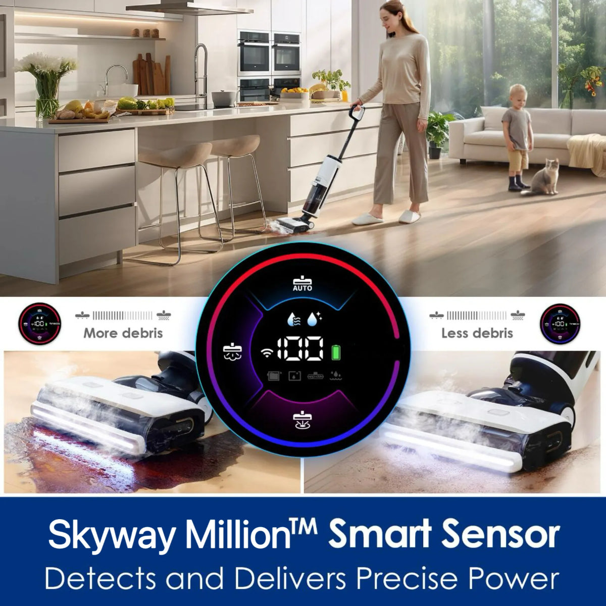 3-in-1 Vacuum Steam Mop Cleaner, 17000 Pa Suction, Dual-Sided Edge Cleaning, Self-Cleaning System, Wet/Dry Function