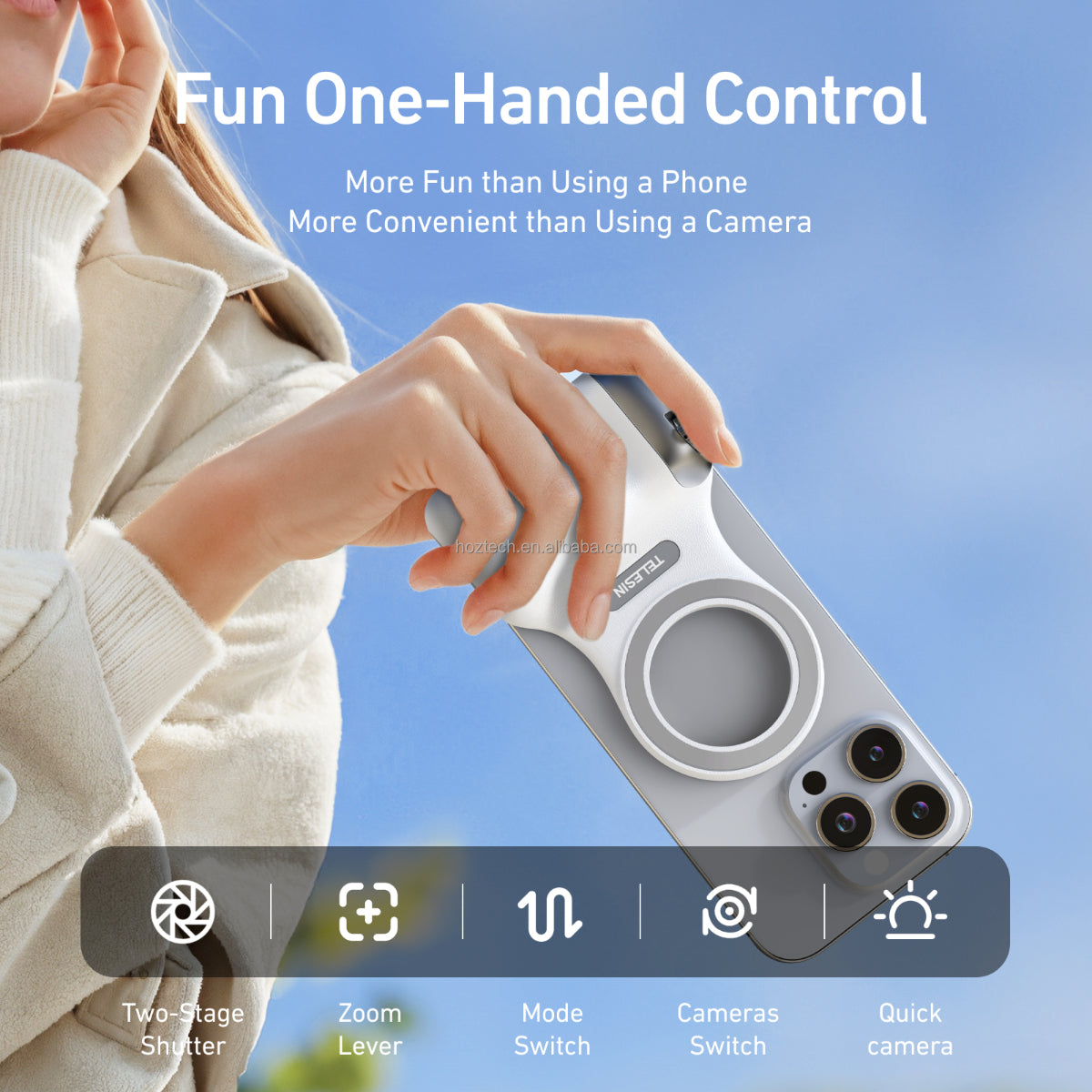 Magnetic Phone Camera Grip, 8x Strong Magnetic Force, One-Handed Control with Bluetooth Remote, Silver