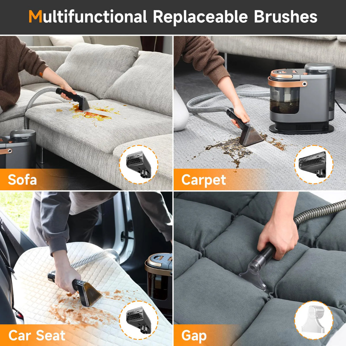 Portable Carpet Cleaner with Self-Cleaning Hose, 54oz Clean Water Tank, Wet-Dry Vacuum for Sofa and Upholstery, Grey