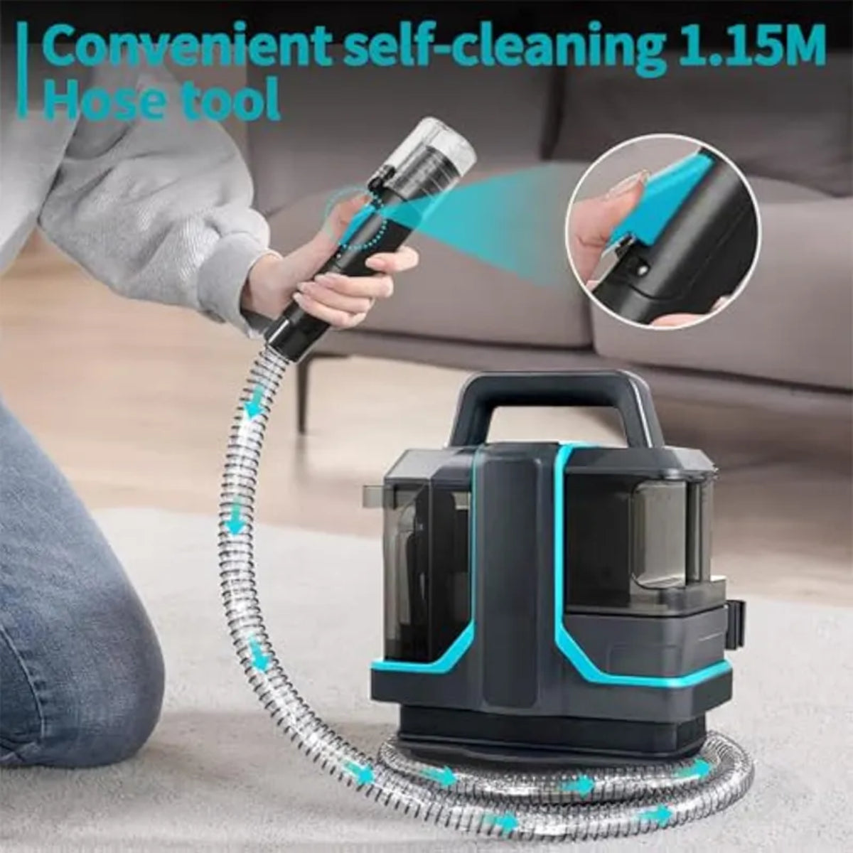 Portable Carpet and Upholstery Cleaner, 1.5L Capacity, Self-Cleaning Hose, Wet/Dry Vacuum, Grey/Turquoise