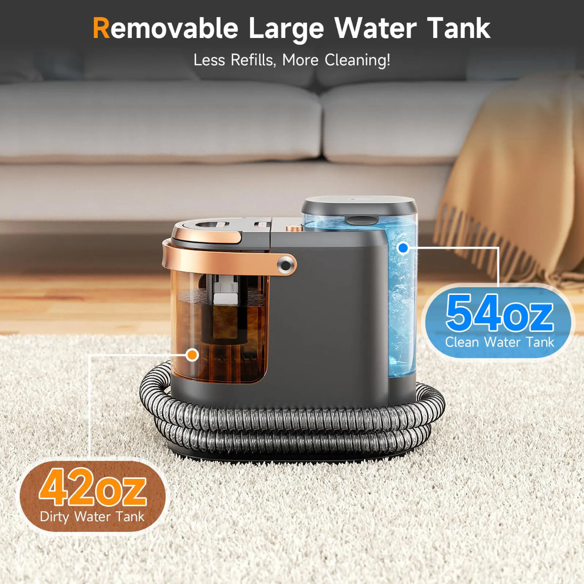 Portable Carpet Cleaner with Self-Cleaning Hose, 54oz Clean Water Tank, Wet-Dry Vacuum for Sofa and Upholstery, Grey