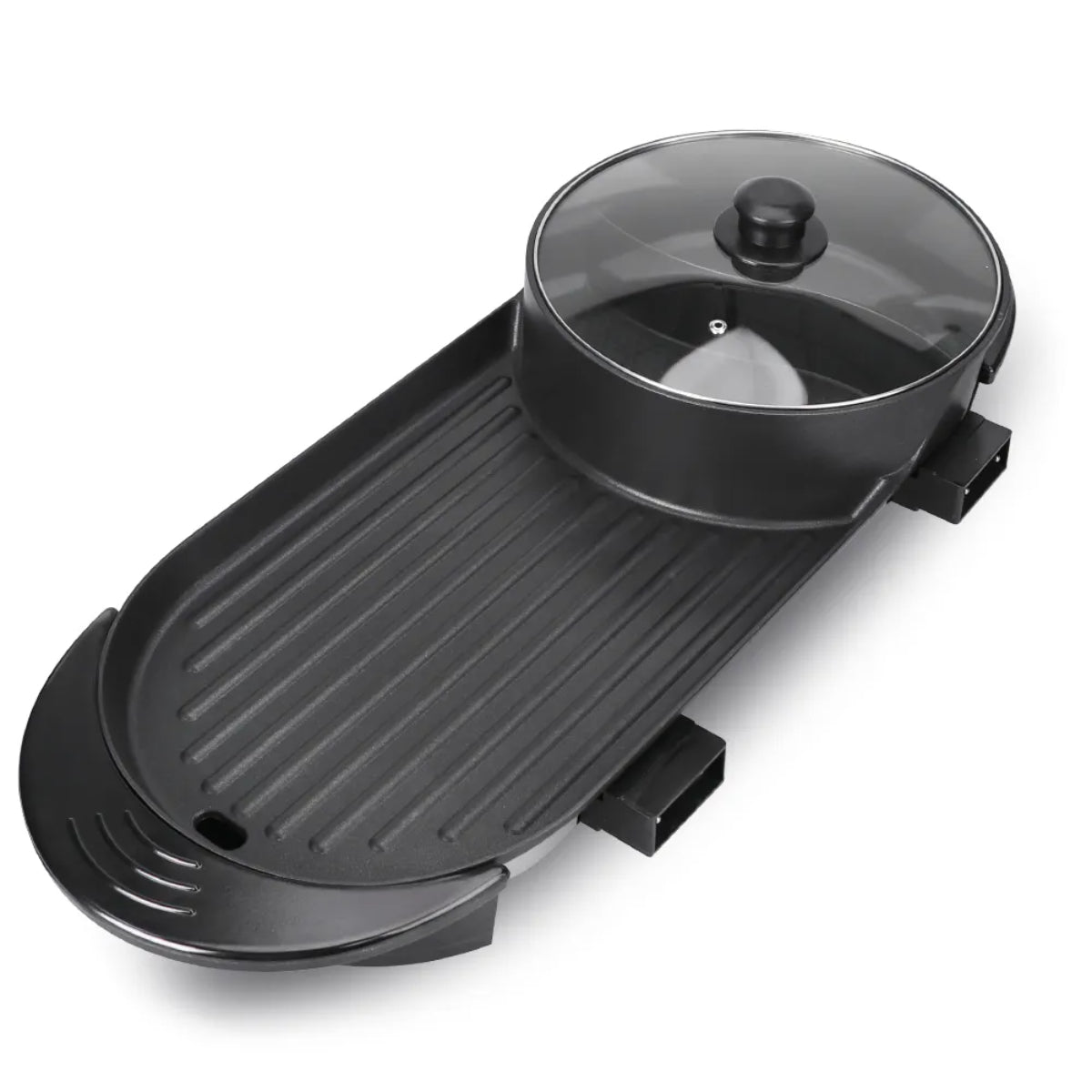 2-in-1 Electric Hot Pot and Grill, Korean BBQ Style, 1800W Non-stick Rectangular Pan, 25x25cm Cooking Surface, Glass Lid, Black