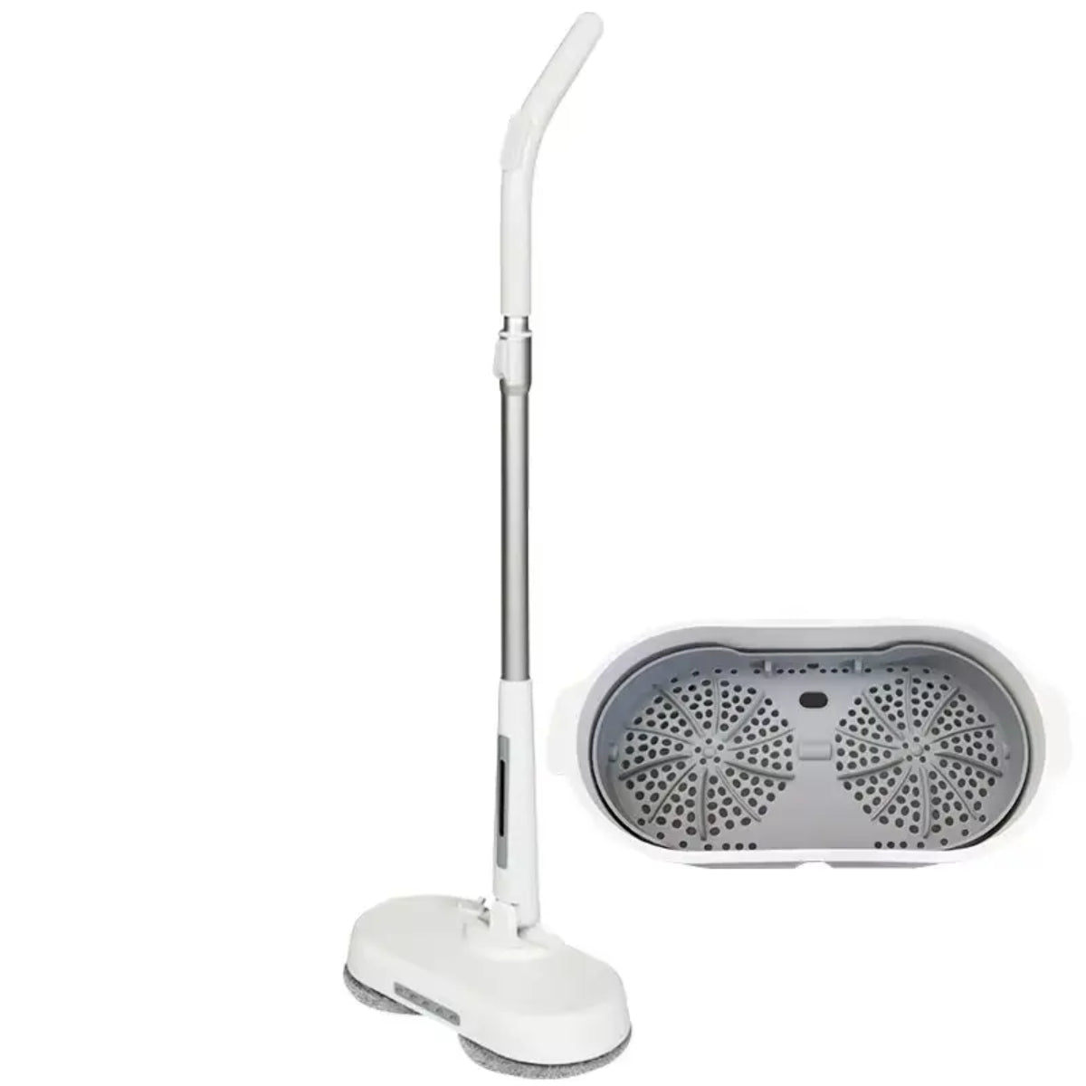 Electric Spin Mop with Floor Scrubber, Cordless Rechargeable Power Mop, Automatic Cleaning Bucket, Water Sprayer, White