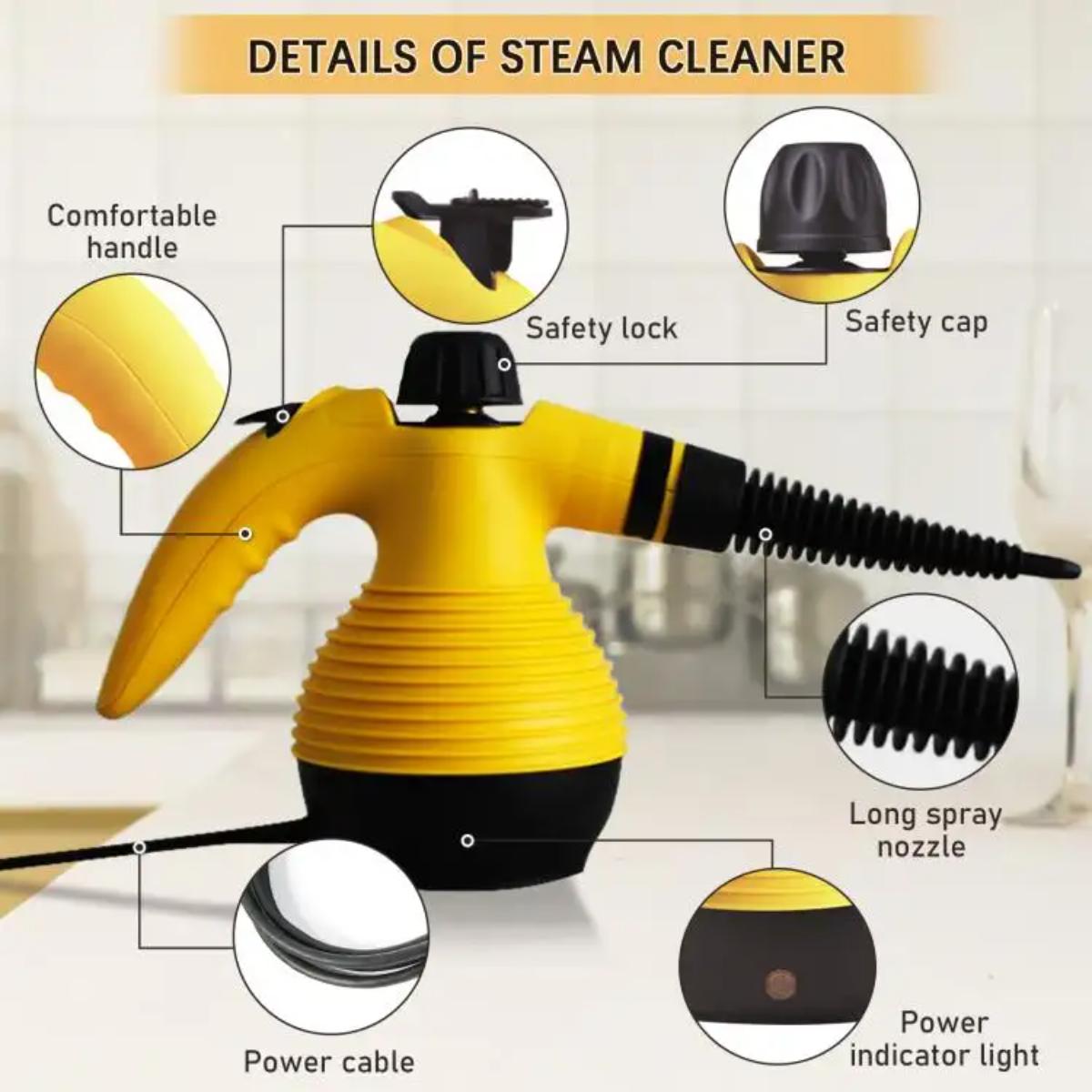 Multifunctional Handheld Steam Cleaner, 1000W, 250ml Tank, 105°C High Temperature, 3.2 BAR Pressure, 9-Piece Accessory Kit, Yellow/Black