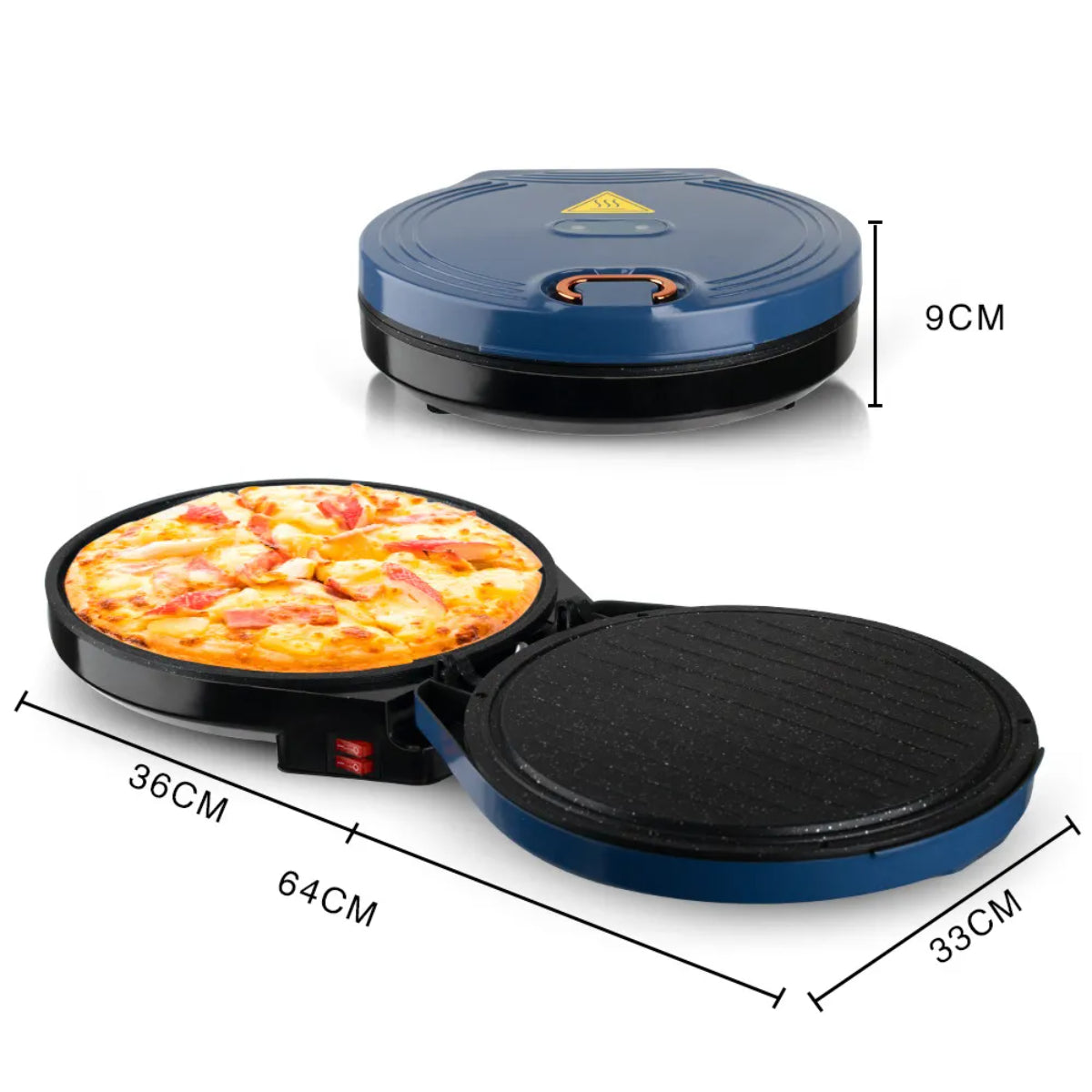 Electric Pizza Maker, 1800W, 180-Degree Opening, 30cm Cooking Surface, Thermostat Control, Blue