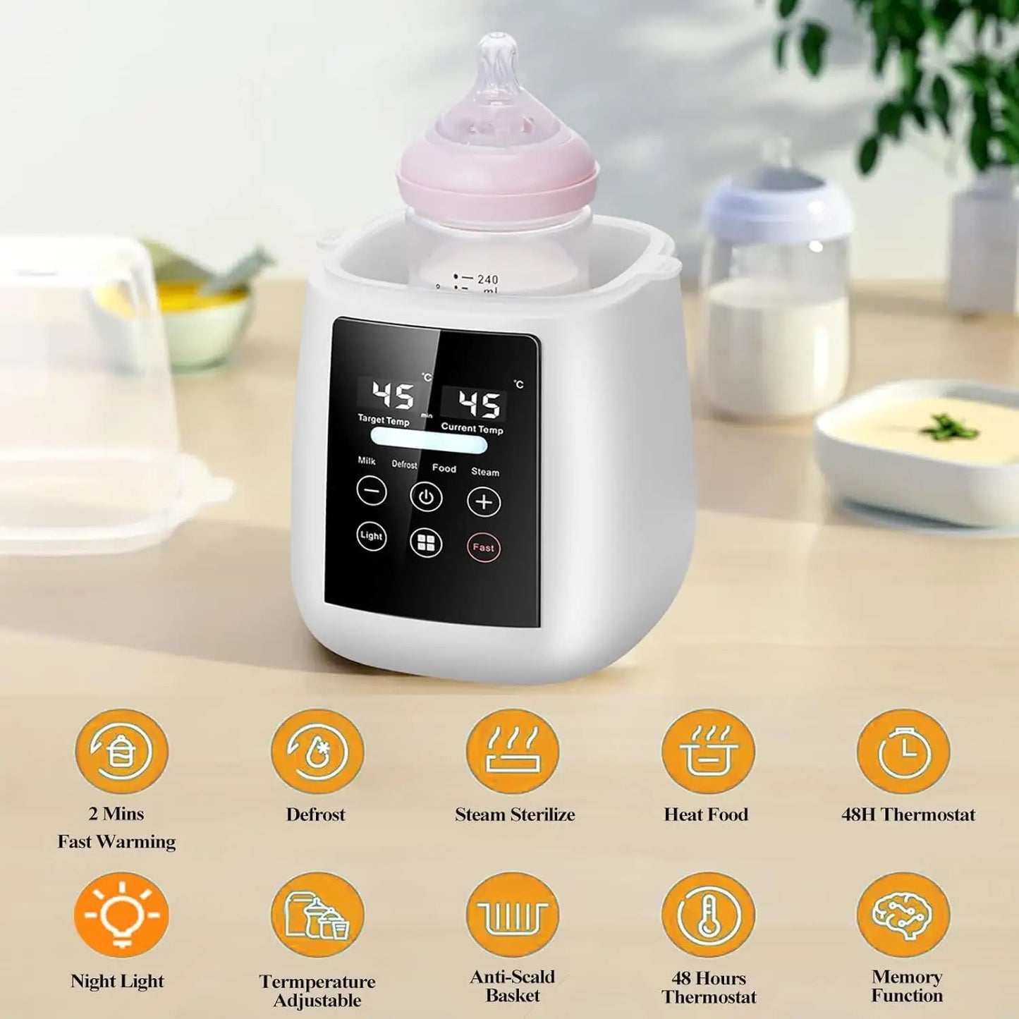 Digital Baby Bottle Warmer and Steriliser, 9-in-1 Multi-Function with LCD Display, Fast Warming, Steam Sterilisation, Food Heating, 48H Thermostat