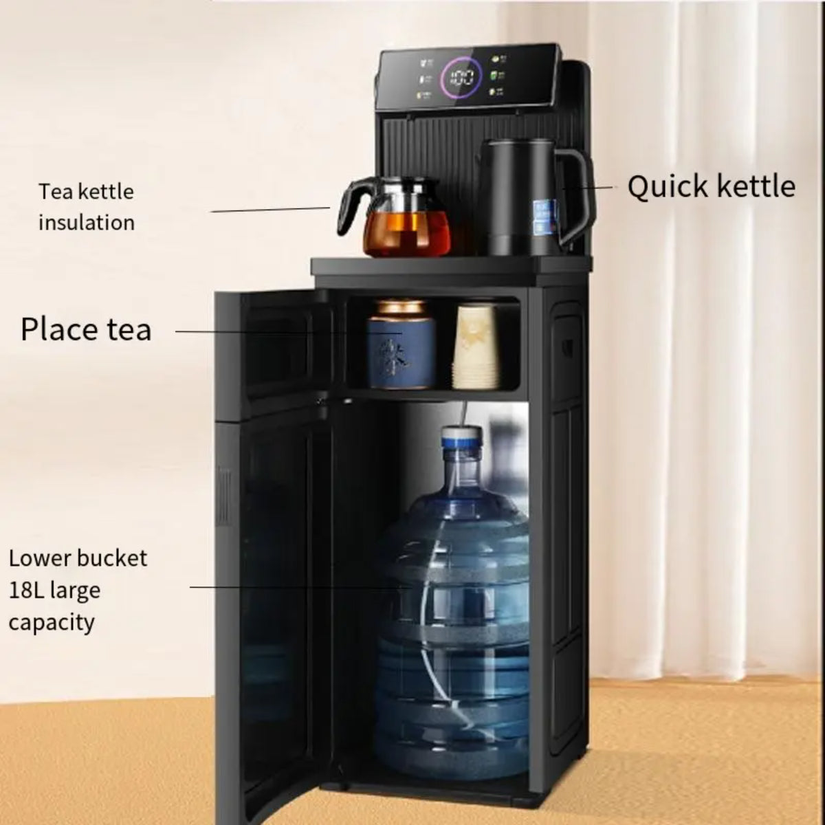 Smart Water Dispenser, Dual Water Outlet, Touch Screen Display, Remote Control with Voice Function, Heat Preservation, Rapid Heating, Two Water Bottles, Black