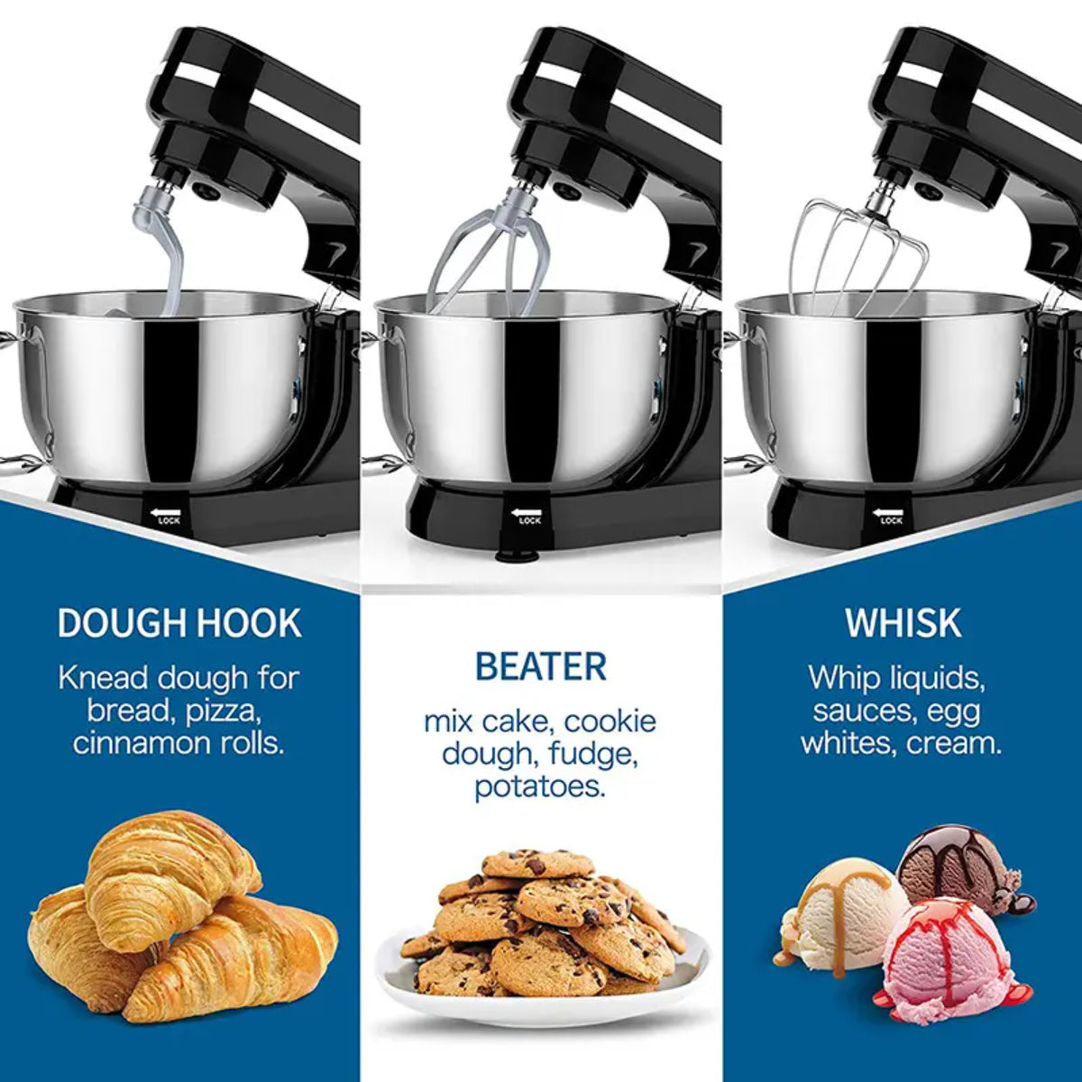1000W Kitchen Stand Mixer, 4Qt Stainless Steel Mixing Bowl, 3 Attachments Whisk, Dough Hook, Beater), 8 Speed Electric Food Mixer for Baking, Cooking, and Kneading