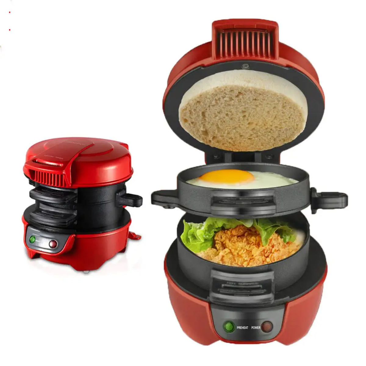 3-in-1 Electric Breakfast Sandwich Maker, Hamburger Grill Machine, Non-Stick Cooking Plates, Red and Black