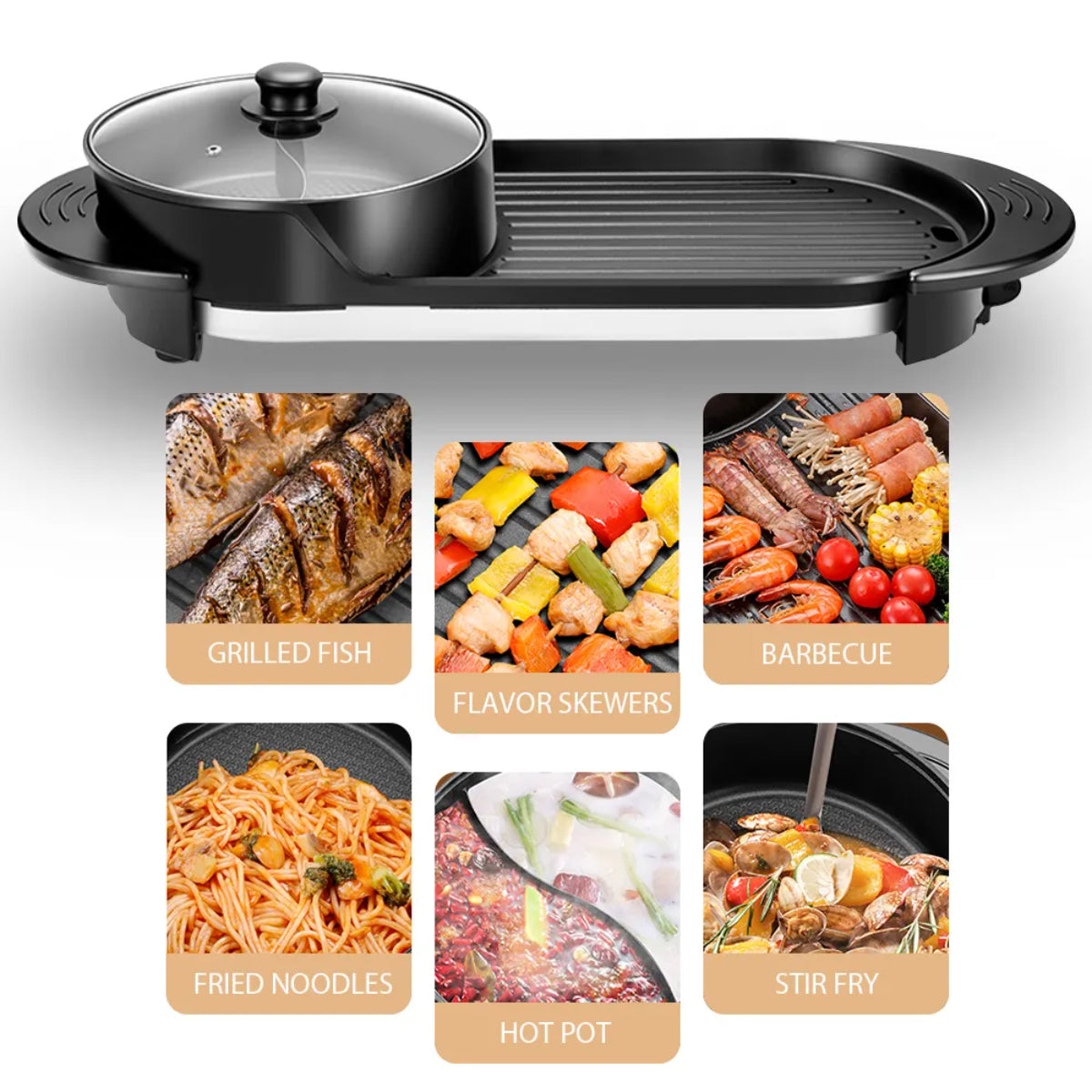 2-in-1 Electric Hot Pot and Grill, Korean BBQ Style, 1800W Non-stick Rectangular Pan, 25x25cm Cooking Surface, Glass Lid, Black