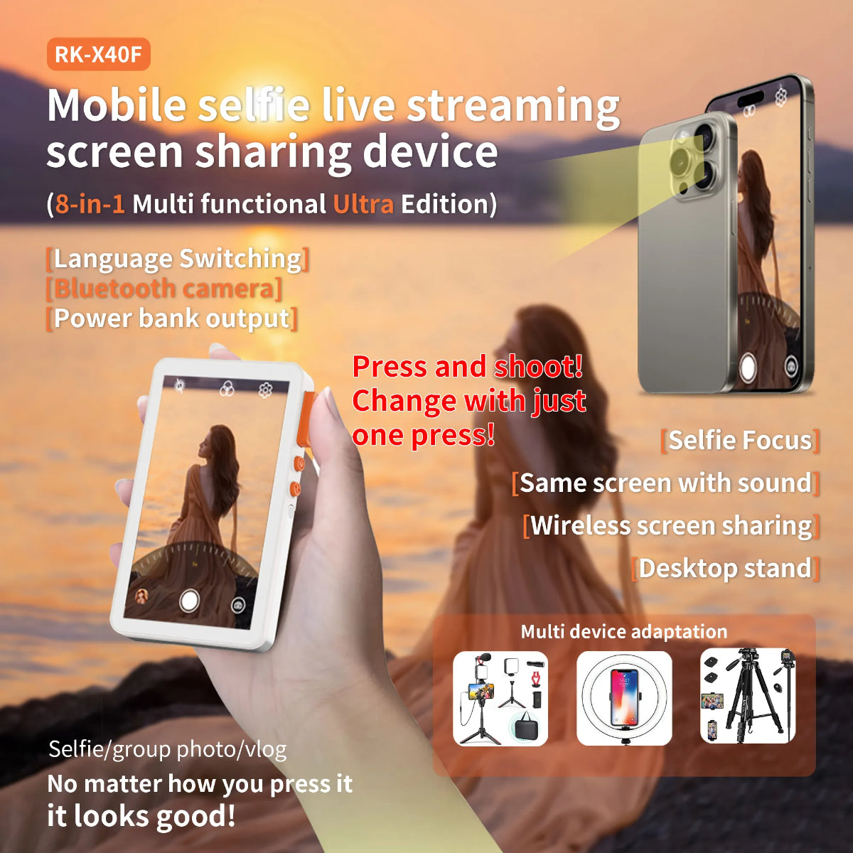 Mobile Selfie Live Streaming Device, 8-in-1 Ultra Edition, Bluetooth Camera, Magnetic Mount, Desktop Stand, White
