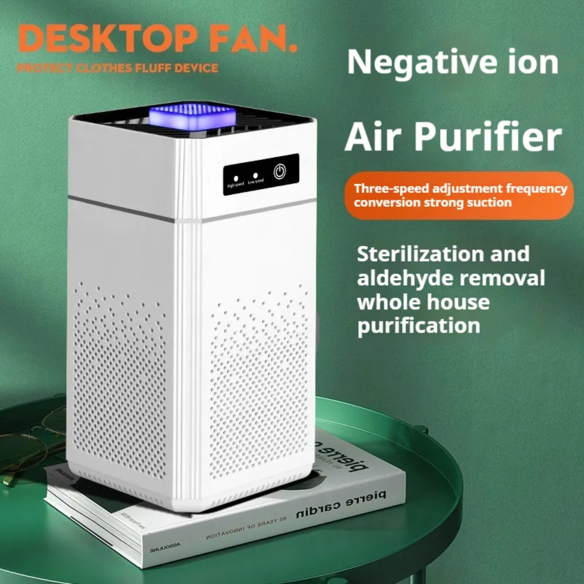 Desktop Air Purifier with Negative Ion Technology, 3-Speed Settings, LED Indicator, White