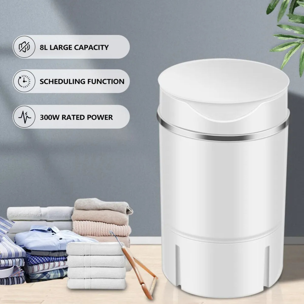 Portable Mini Washing Machine, 5Kg Capacity, 300W Power, with Scheduling Function, White
