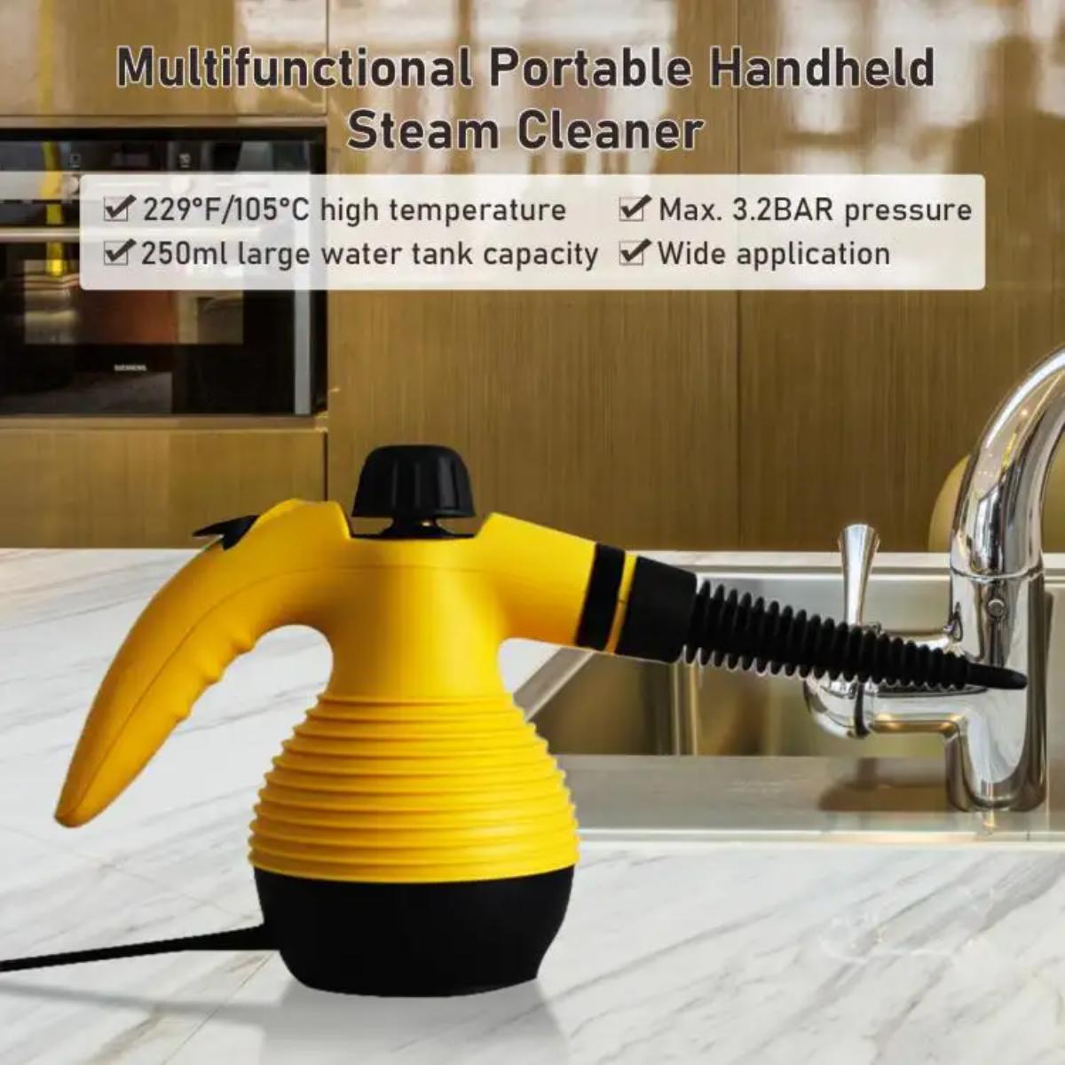 Multifunctional Handheld Steam Cleaner, 1000W, 250ml Tank, 105°C High Temperature, 3.2 BAR Pressure, 9-Piece Accessory Kit, Yellow/Black
