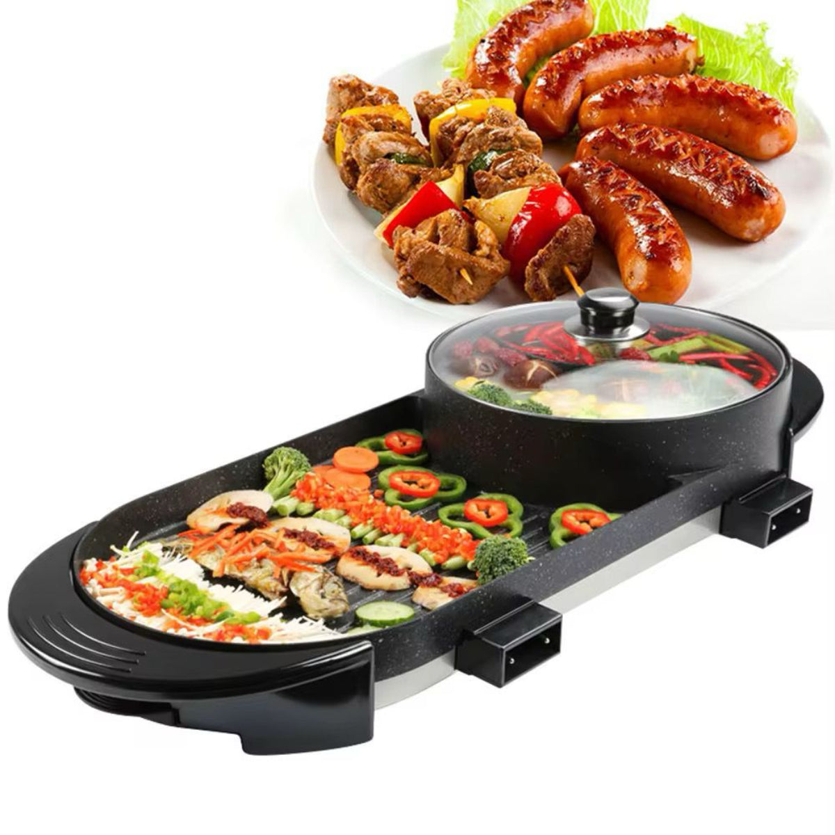 2-in-1 Electric Hot Pot and Grill, Korean BBQ Style, 1800W Non-stick Rectangular Pan, 25x25cm Cooking Surface, Glass Lid, Black