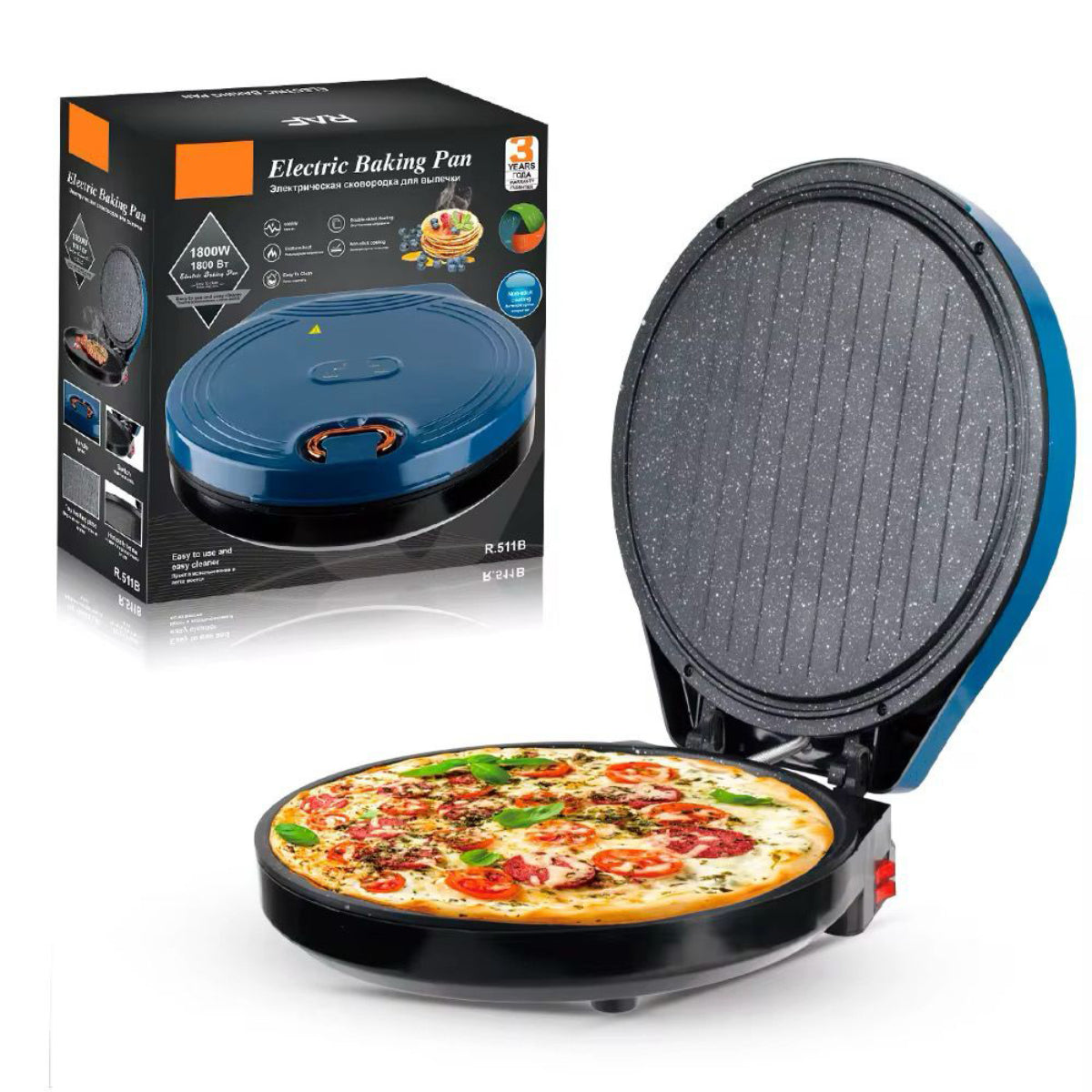 Electric Pizza Maker, 1800W, 180-Degree Opening, 30cm Cooking Surface, Thermostat Control, Blue