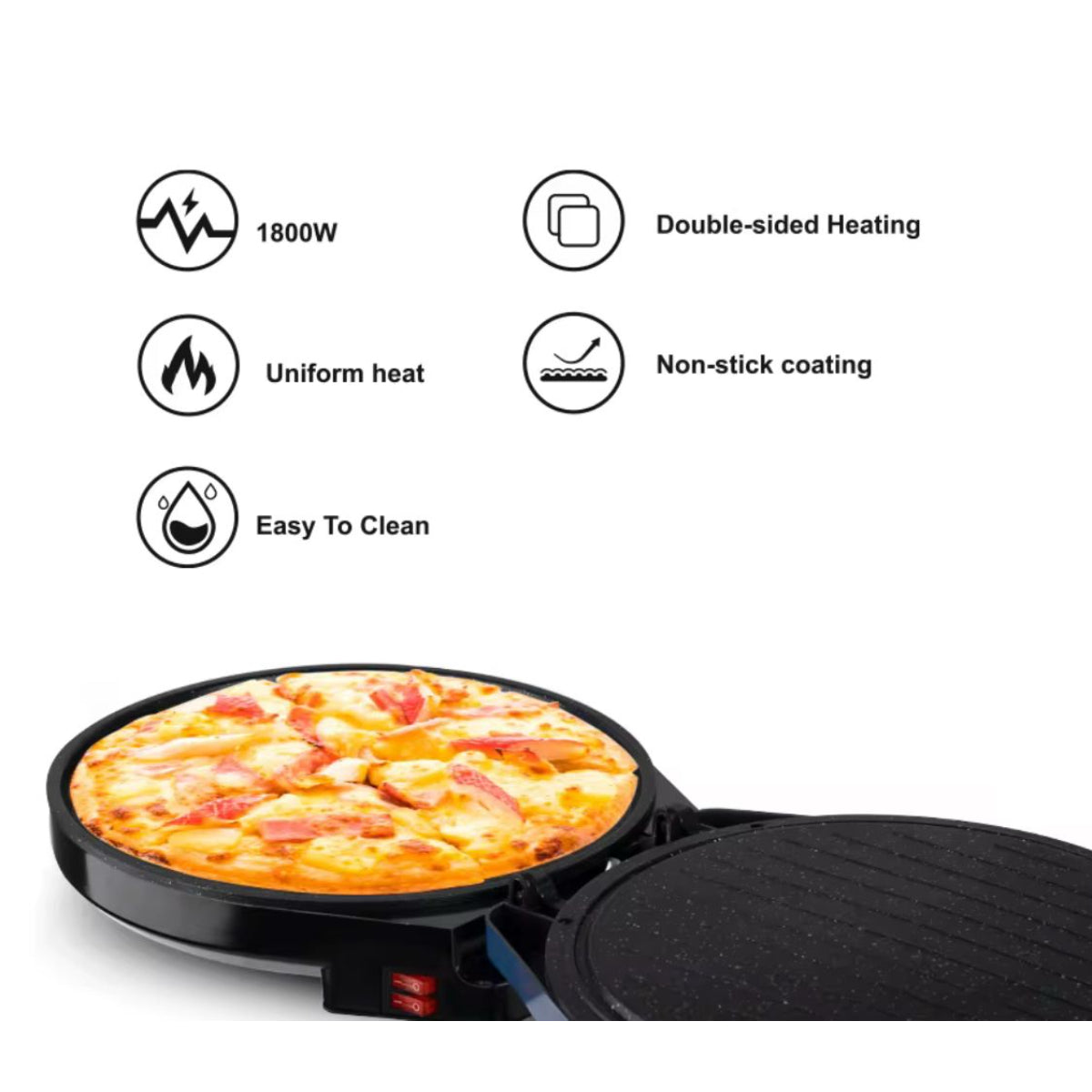 Electric Pizza Maker, 1800W, 180-Degree Opening, 30cm Cooking Surface, Thermostat Control, Blue