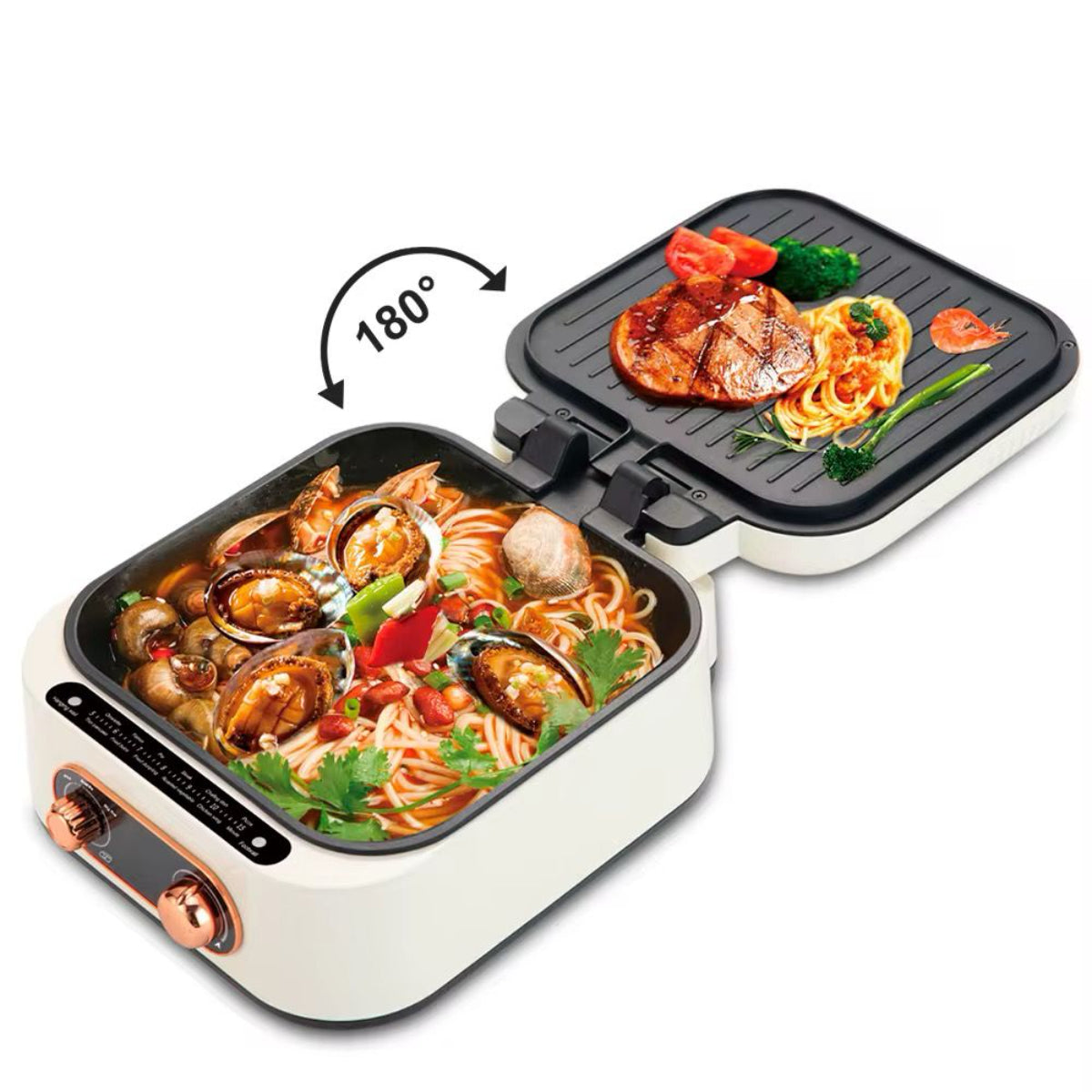 3-in-1 Electric Hot Pot Grill, 1800W Multi-Function Cooker with Non-stick Coating, Double Pan Design, White