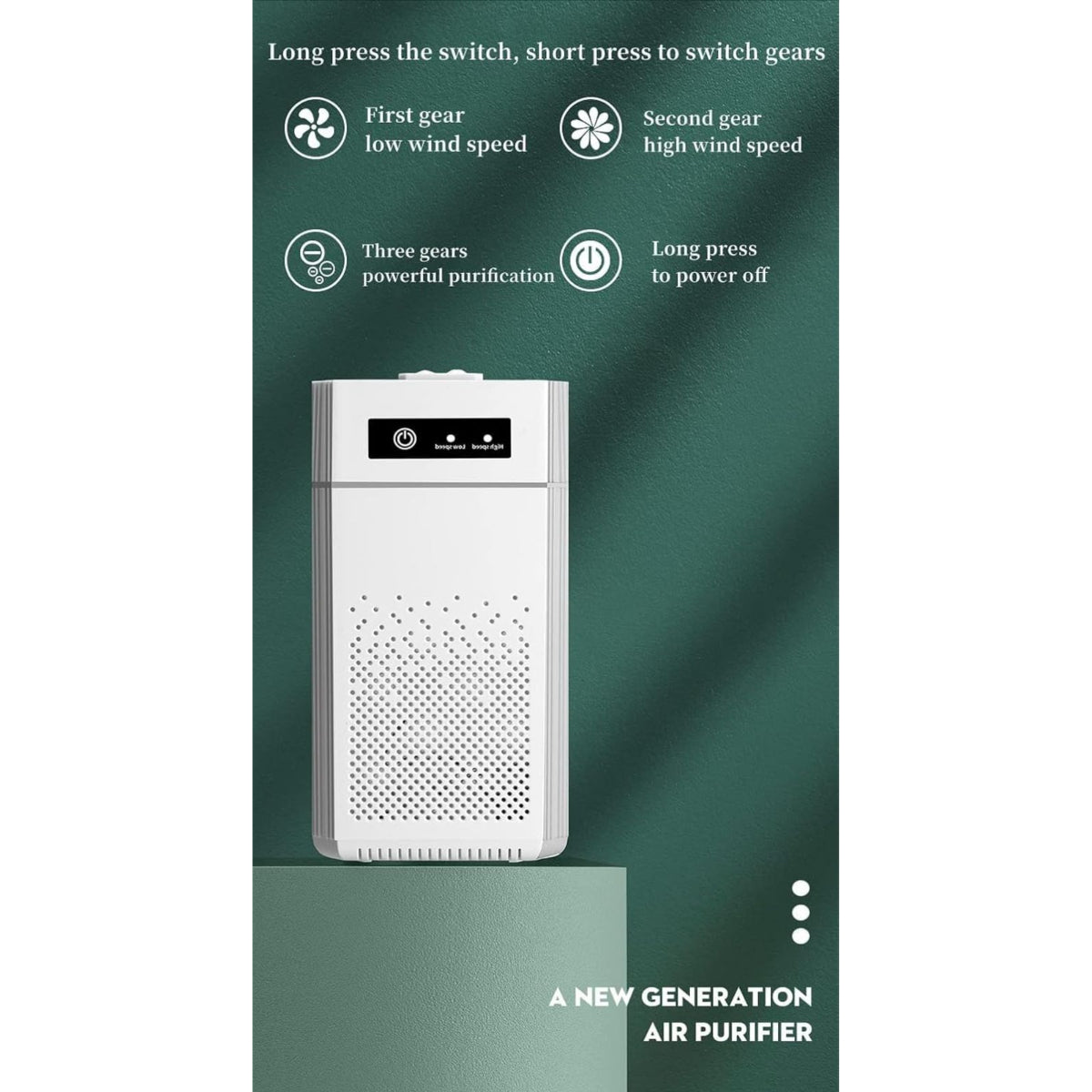 Desktop Air Purifier with Negative Ion Technology, 3-Speed Settings, LED Indicator, White