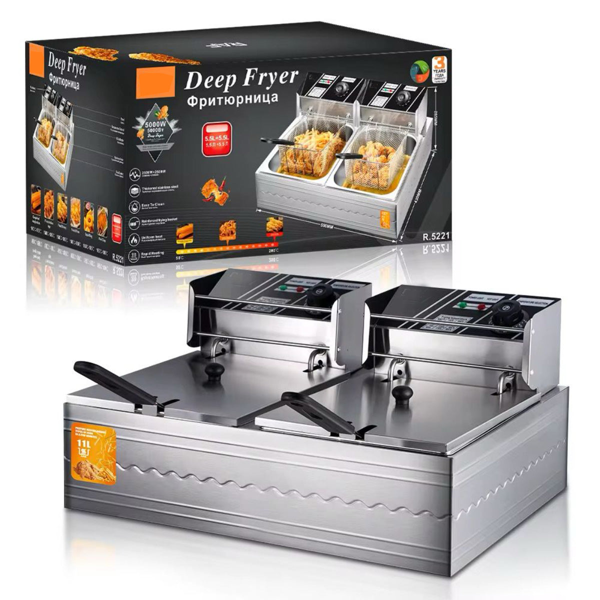 Commercial Double Deep Fryer, 5.5L + 5.5L Capacity, Stainless Steel Electric Fryer with Temperature Control
