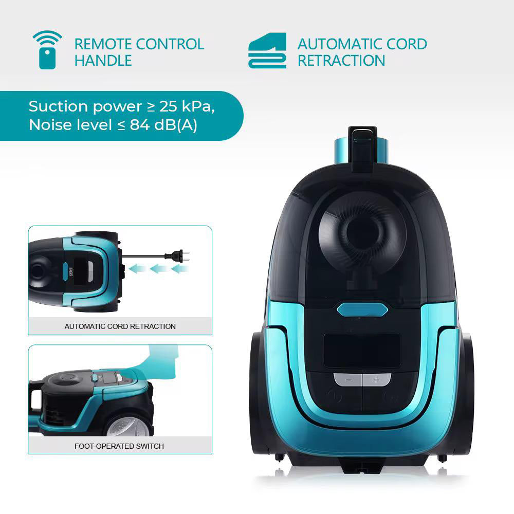 Bagless Vacuum Cleaner, 2500W, Remote Control Handle, 4.5m Cord, LED Display, Automatic Cord Retraction, Black/Turquoise