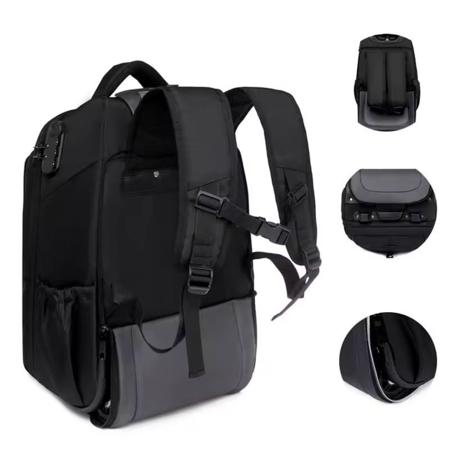 Rolling Laptop Backpack with Telescopic Handle, Waterproof Business Travel Bag, Large Capacity Multi-functional Wheeled Rucksack, Black