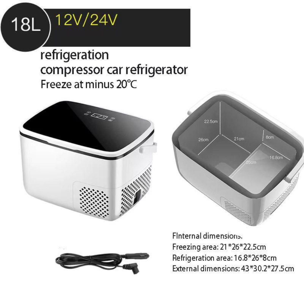 18L Portable Car Refrigerator, 12V/24V Dual Voltage, -20°C Freezing Capability, Dual Zone Cooling