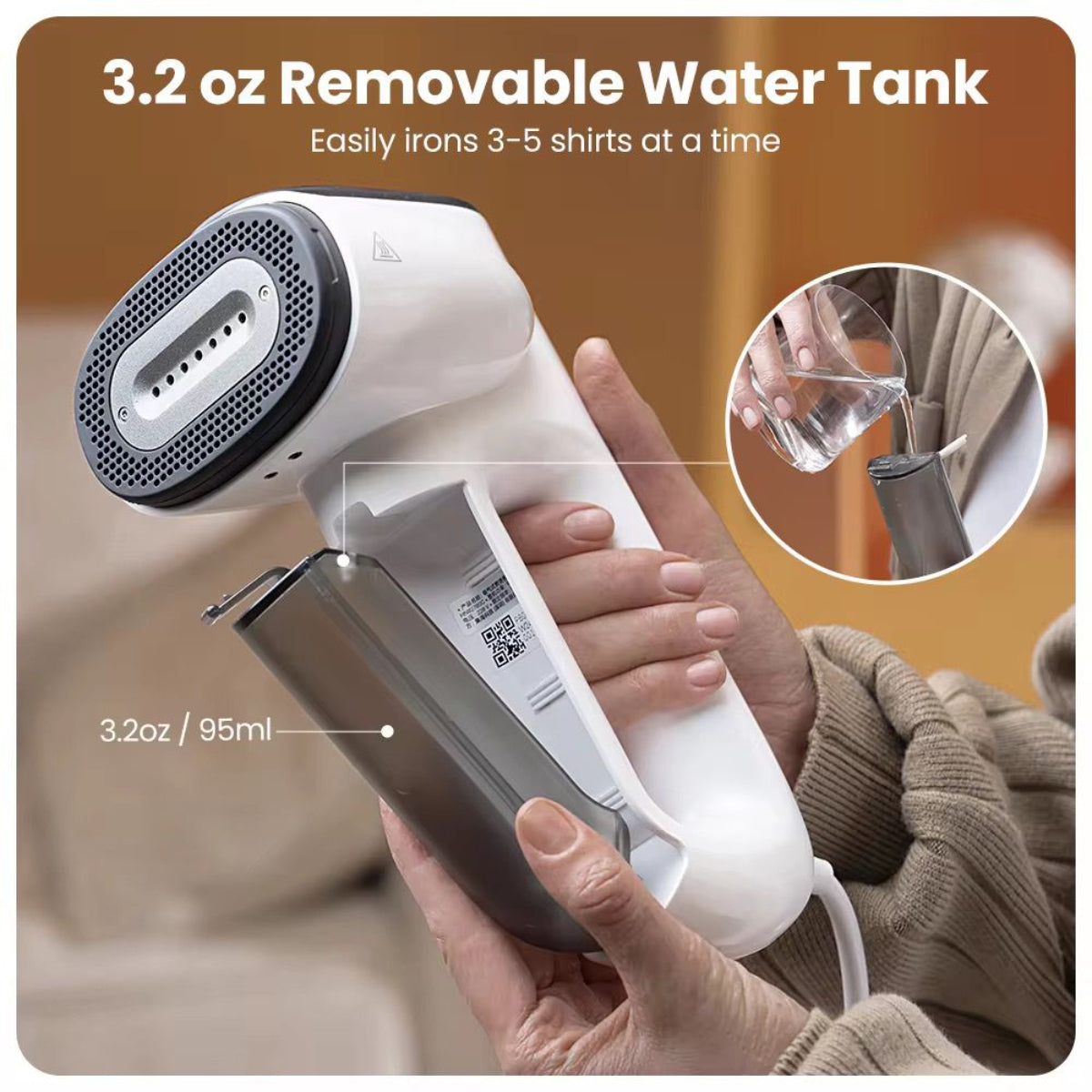 Portable Handheld Garment Steamer Iron, 95ml Removable Water Tank, Vacuum Suction Technology, White