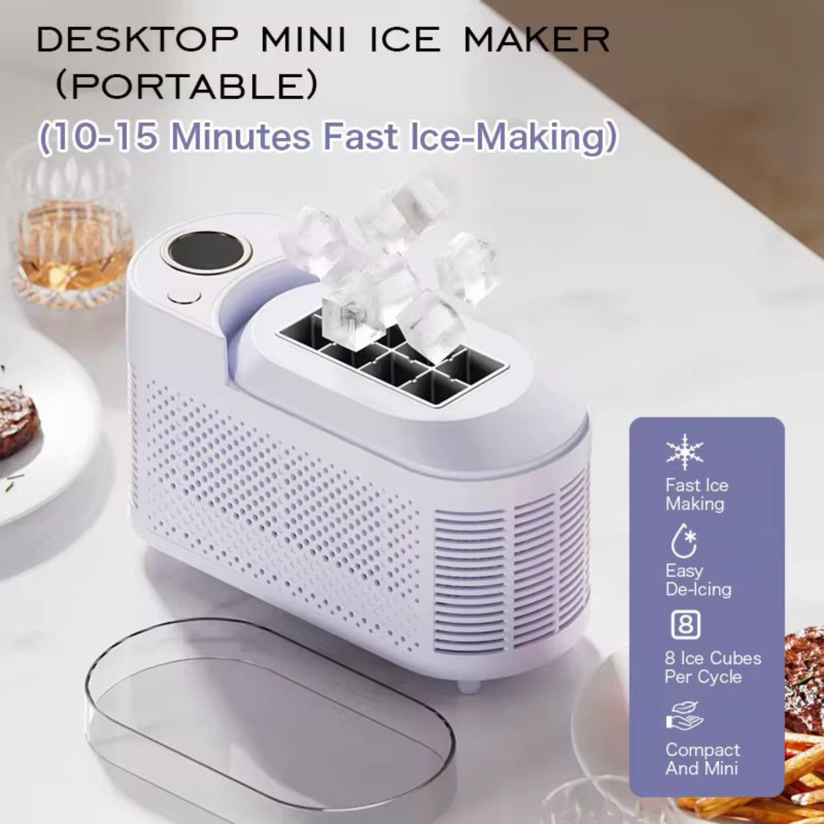 Portable Desktop Ice Maker, 8 Cubes per Cycle, 10-15 Minutes Fast Ice Making, Compact Design