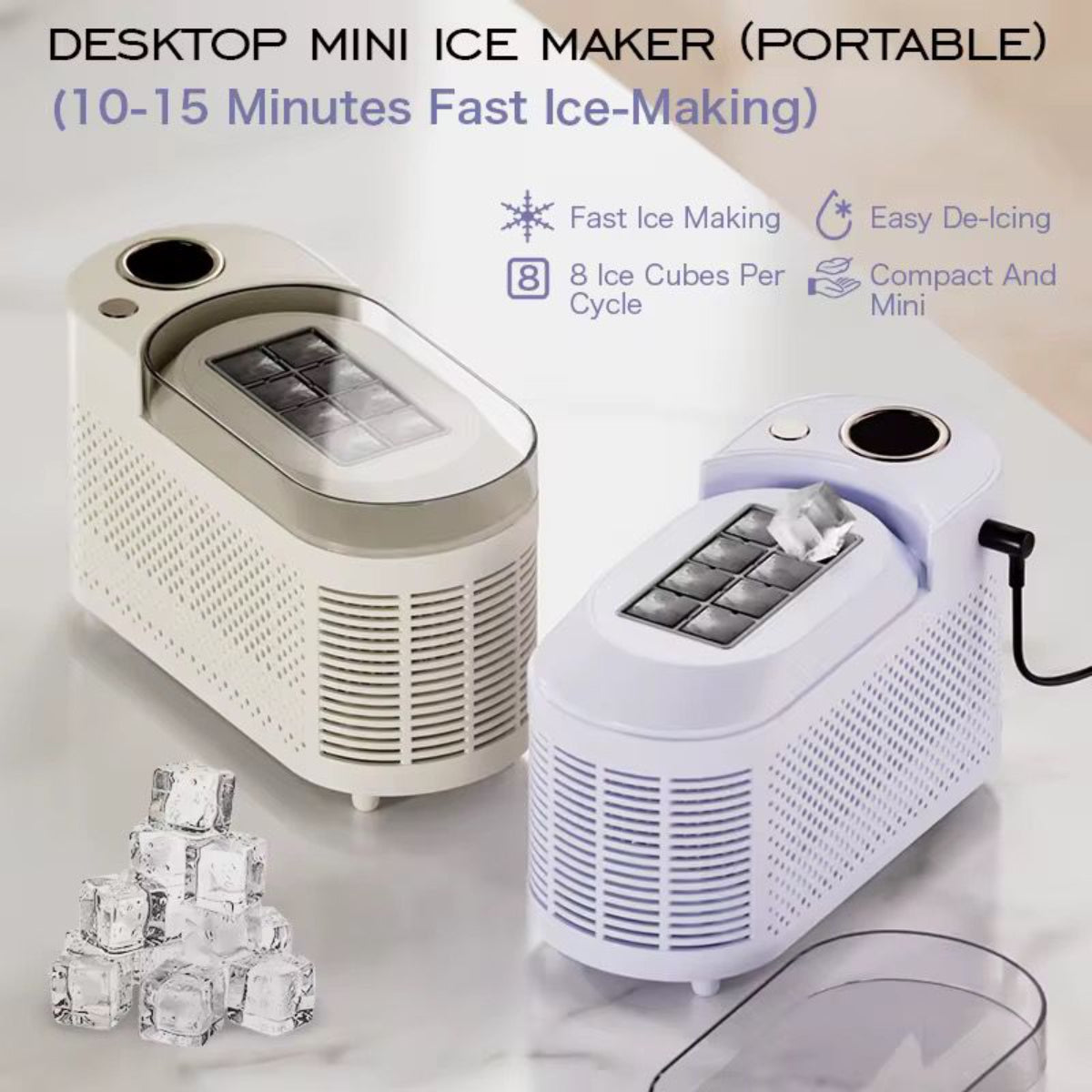 Portable Desktop Ice Maker, 8 Cubes per Cycle, 10-15 Minutes Fast Ice Making, Compact Design