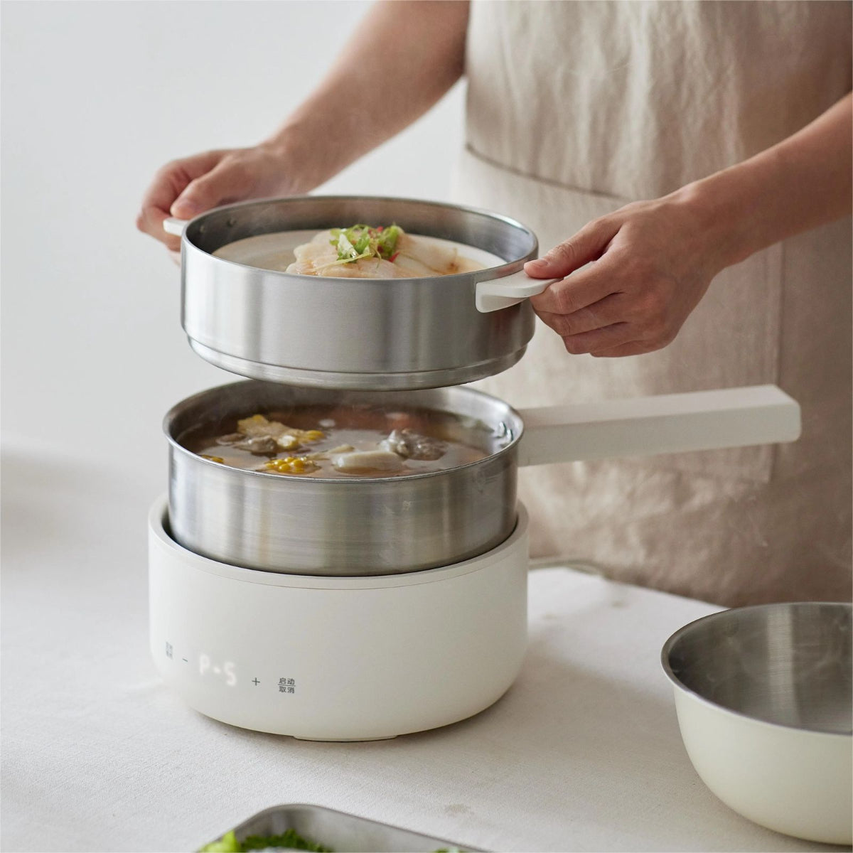 Electric Hot Pot with Detachable Stainless Steel Inner Pot, Multi-Function Mini Portable Cooker, White