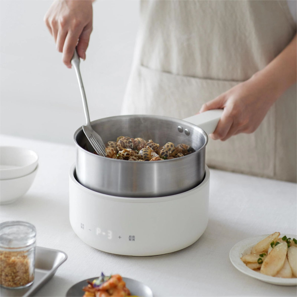 Electric Hot Pot with Detachable Stainless Steel Inner Pot, Multi-Function Mini Portable Cooker, White