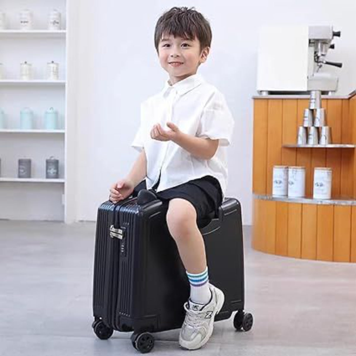 Kids Travel Trolley Suitcase, Ride-On Luggage with Cat Ears Design, Security Lock, Mute Wheels,