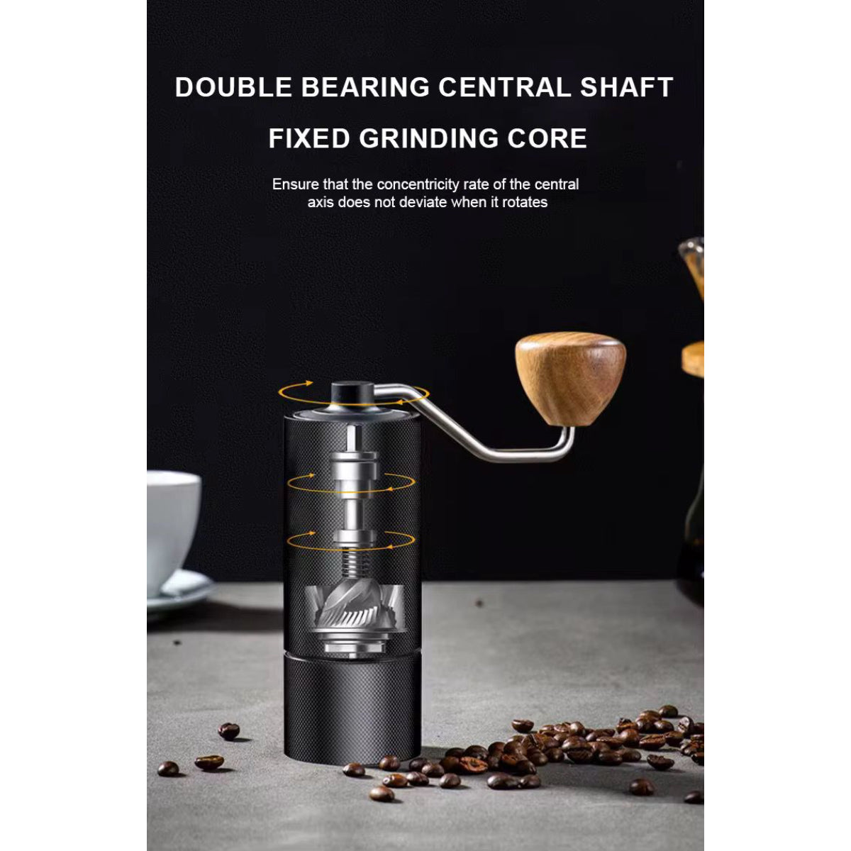 Manual Coffee Grinder with Stainless Steel Burr, Al-Alloy Body, Wood Handle, Portable Hand Mill