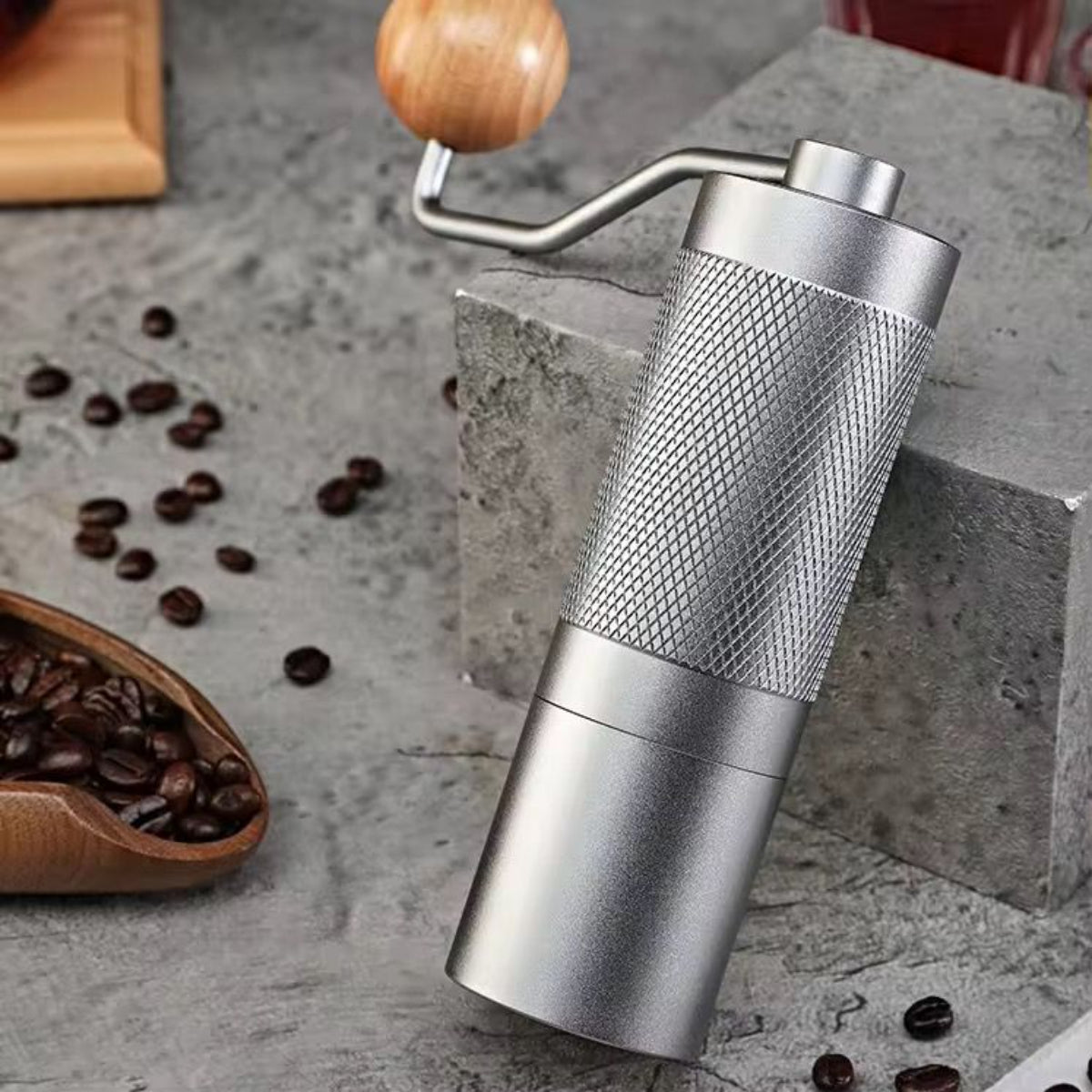 Manual Coffee Grinder with Stainless Steel Burr, Al-Alloy Body, Wood Handle, Portable Hand Mill