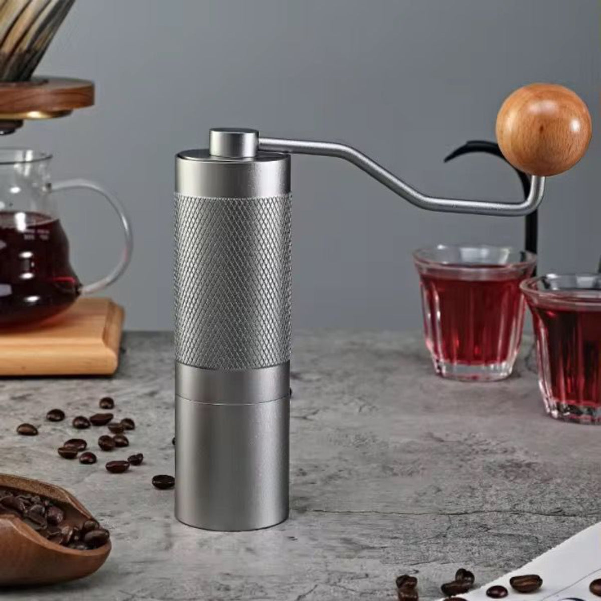 Manual Coffee Grinder with Stainless Steel Burr, Al-Alloy Body, Wood Handle, Portable Hand Mill