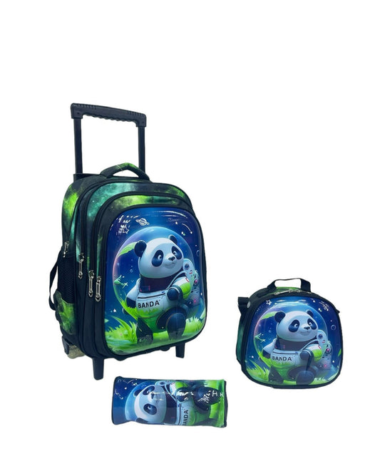 Kids School Trolley Backpack Set, 3 Pieces, 41.9 cm Rolling Bag with Lunch Box and Pencil Case Green Blue Panda, 16.5 Inch