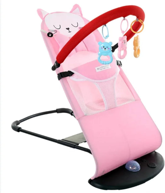 Little Hopper Baby Bouncer Chair, Foldable Rocker with Music and Light, Washable Fabric – Balance Support Baby Carrier & Crib Cat Design with Toy Bar, 0+ Months
