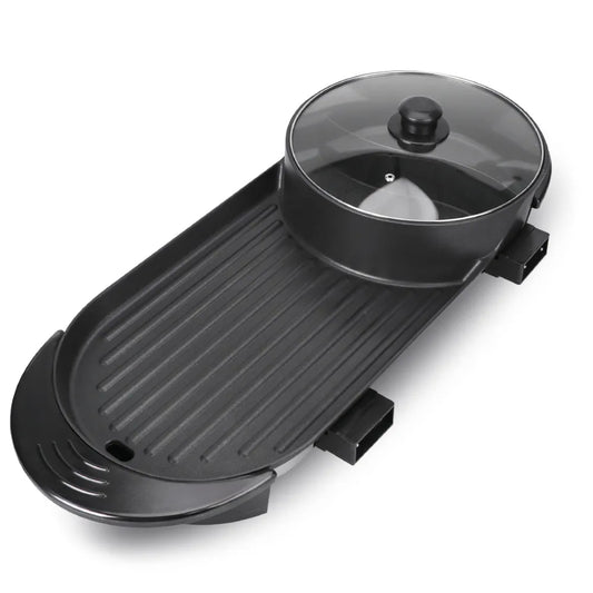 2-in-1 Electric Hot Pot and Grill, Korean BBQ Style, 1800W Non-stick Rectangular Pan, 25x25cm Cooking Surface, Glass Lid, Black