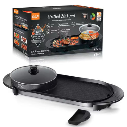 2-in-1 Electric Hot Pot and Grill, Korean BBQ Style, 1800W Non-stick Rectangular Pan, 25x25cm Cooking Surface, Glass Lid, Black